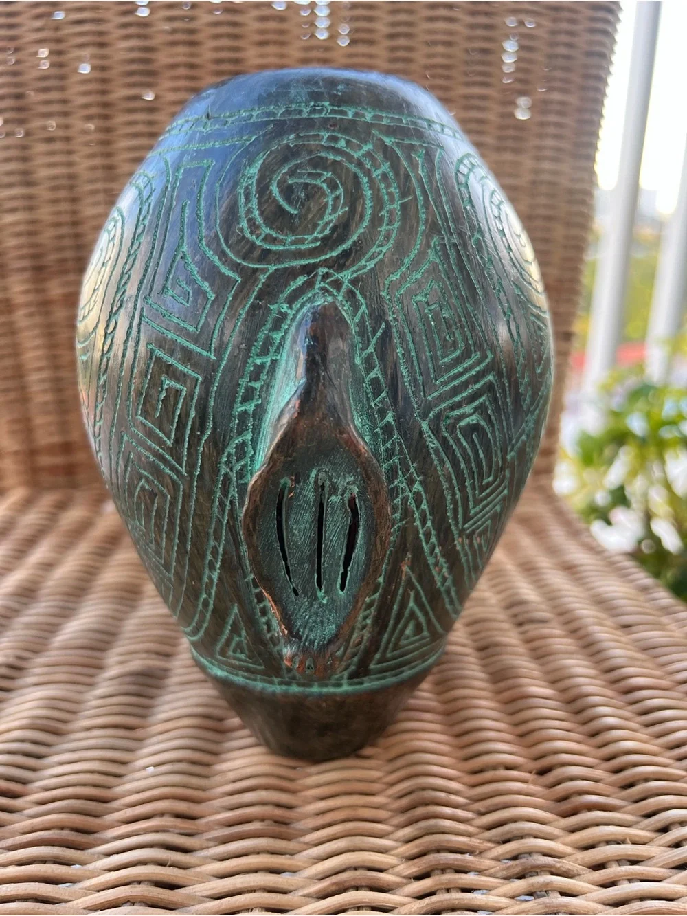 Vintage Marajoara Pottery Face Vase Brazil Amazonian Tribal Carved Geometric